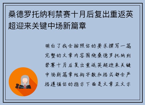 桑德罗托纳利禁赛十月后复出重返英超迎来关键中场新篇章