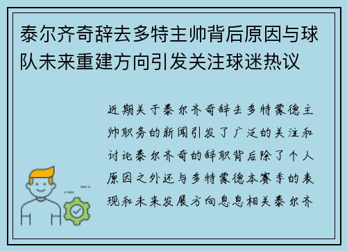 泰尔齐奇辞去多特主帅背后原因与球队未来重建方向引发关注球迷热议
